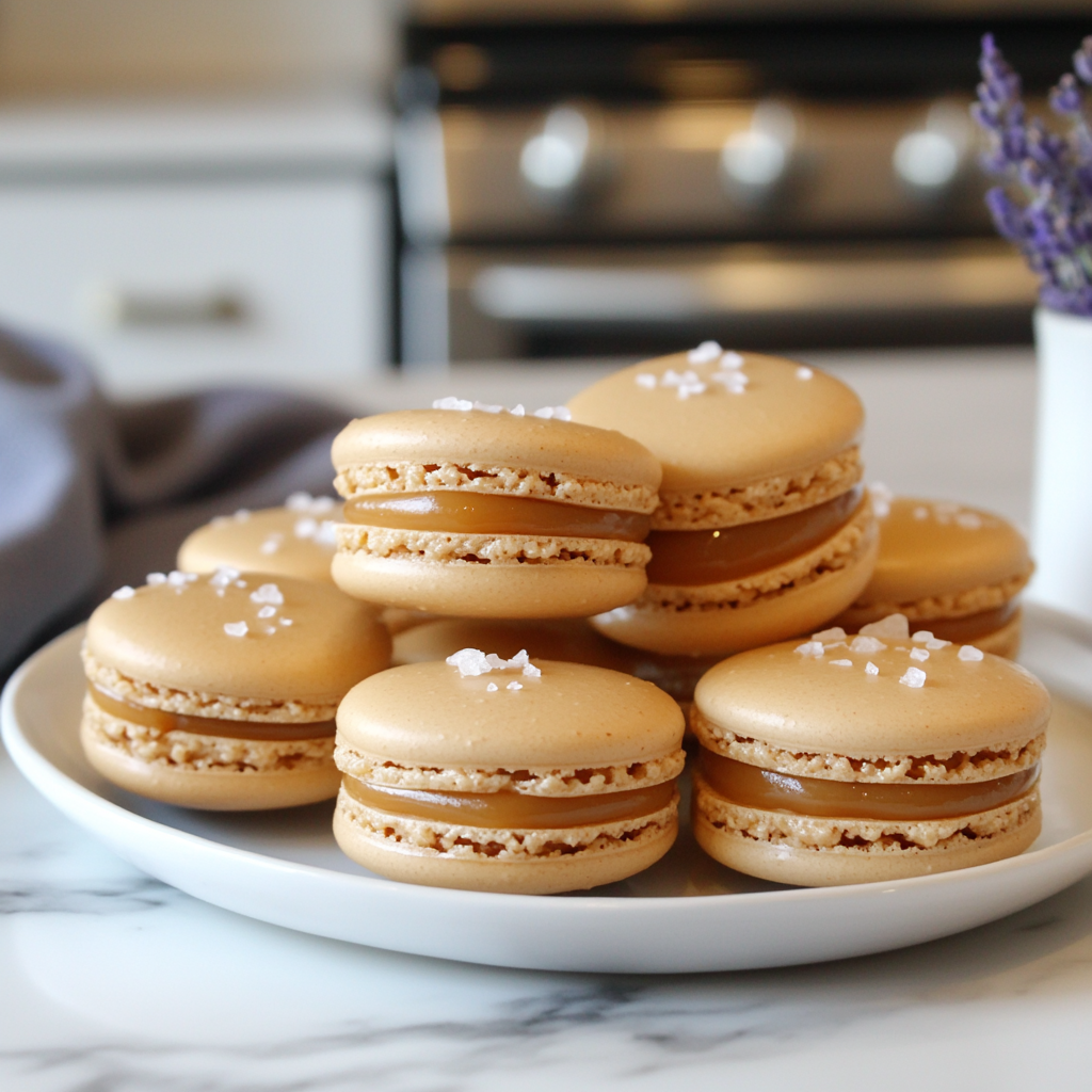 Stack of salted caramel macarons with caramel drizzle and sea salt on a white plate, set in a modern kitchen with indigo and lavender accents.