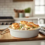 Freshly baked chicken pot pie with cheesy Red Lobster biscuits on top, served in a modern kitchen with subtle brand color accents.