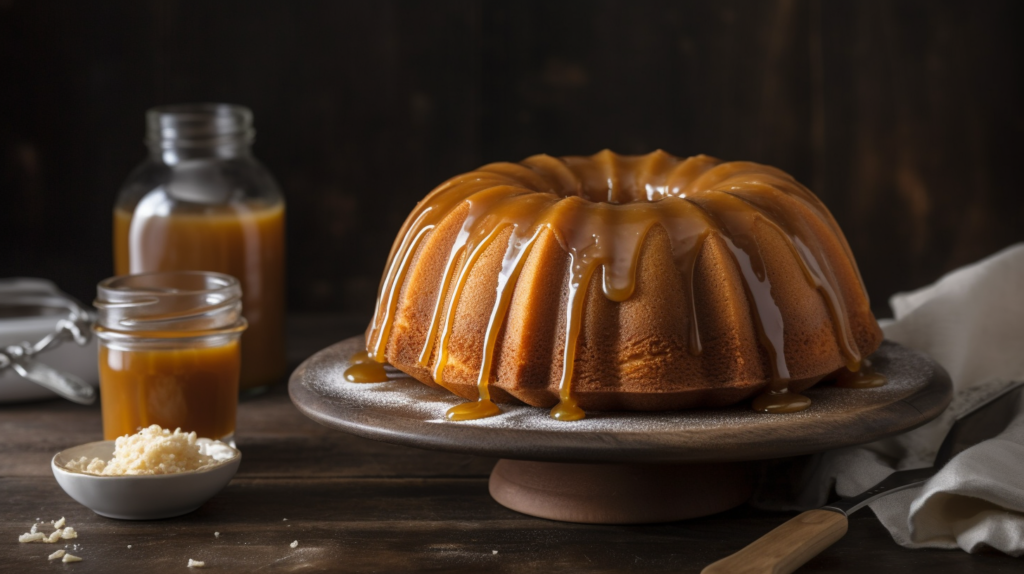 Salted Caramel Kentucky Butter Cake drizzled with golden caramel sauce, styled on a rustic wooden table with a cut slice revealing its moist texture, surrounded by sea salt flakes and caramel sauce in a cozy setting.