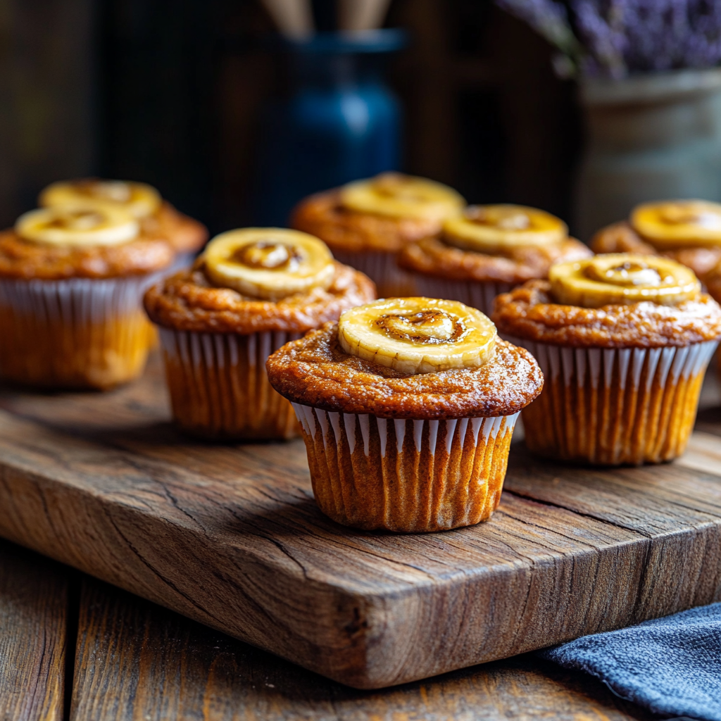 Freshly baked banana pumpkin muffins on a rustic wooden countertop in a modern kitchen, with subtle navy blue and lavender accents highlighting their golden texture.