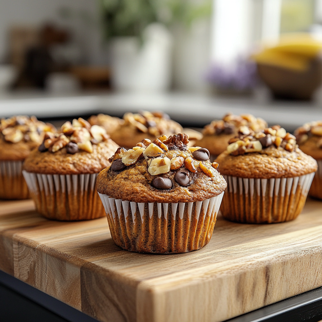 Homemade pumpkin banana muffins on a wooden countertop in a bright modern kitchen, showcasing their moist texture and topped with chocolate chips and nuts, accented by subtle hints of navy blue and lavender decor.