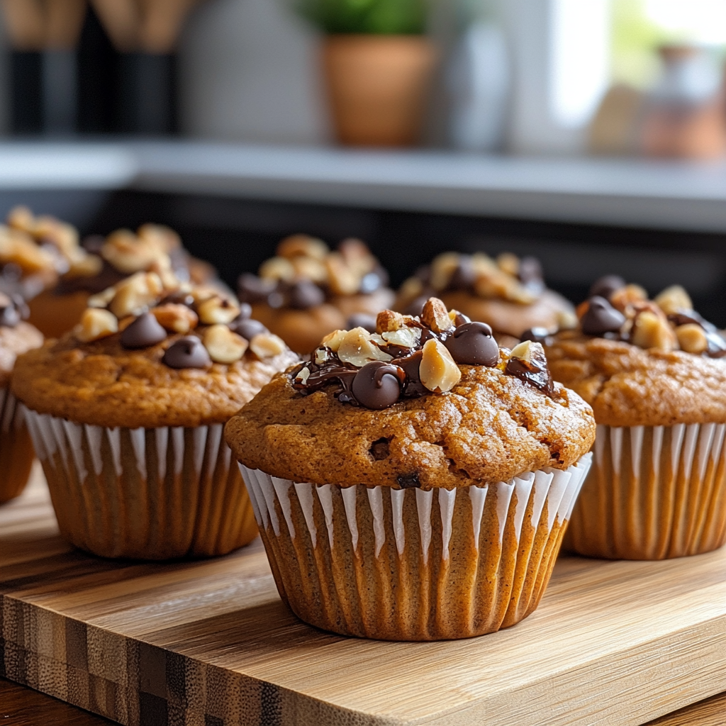 Freshly baked pumpkin banana muffins on a wooden countertop in a modern kitchen, with subtle accents of navy blue and lavender highlighting the decor.