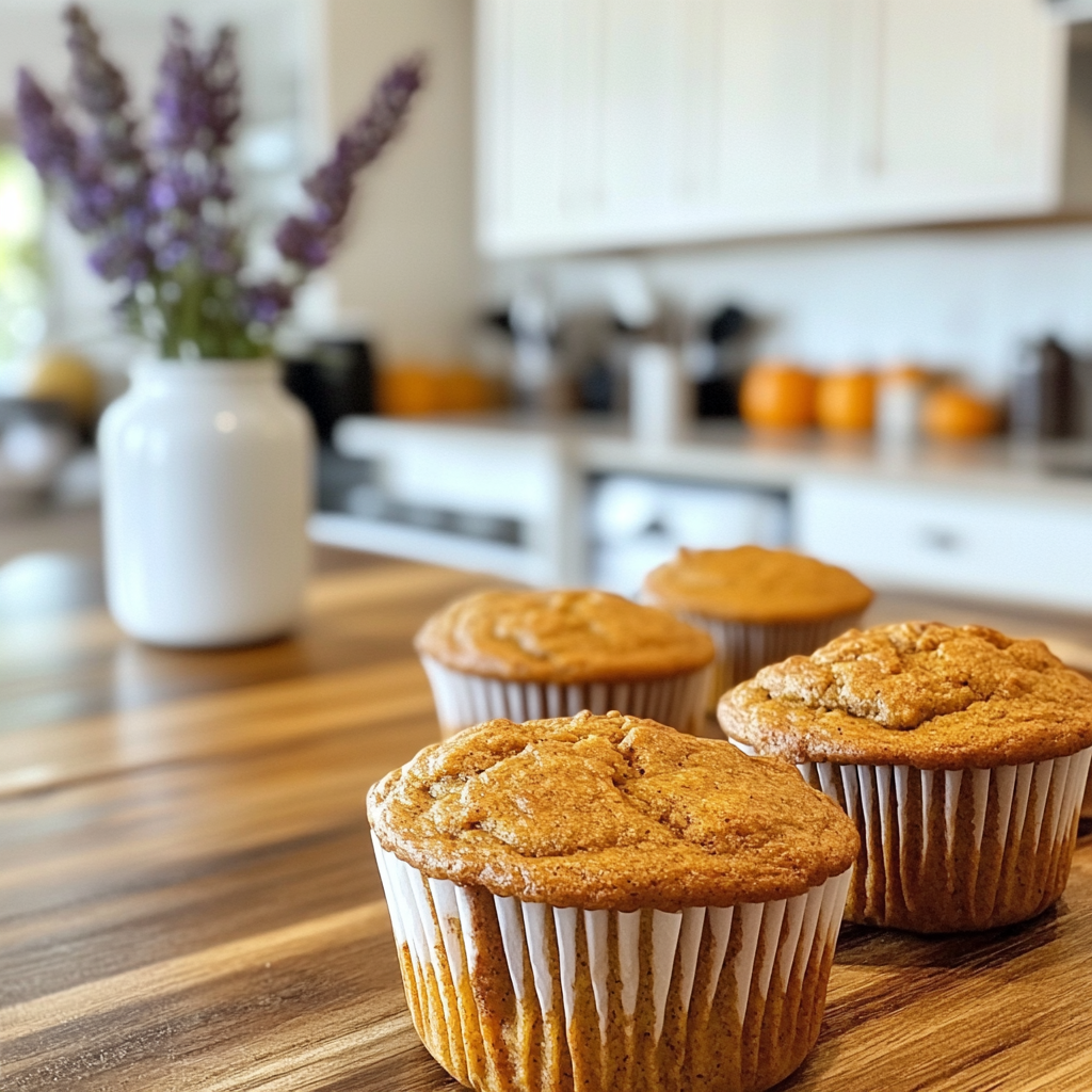 Freshly baked pumpkin protein muffins on a wooden countertop in a modern kitchen with subtle navy blue and lavender accents, highlighting their golden texture.