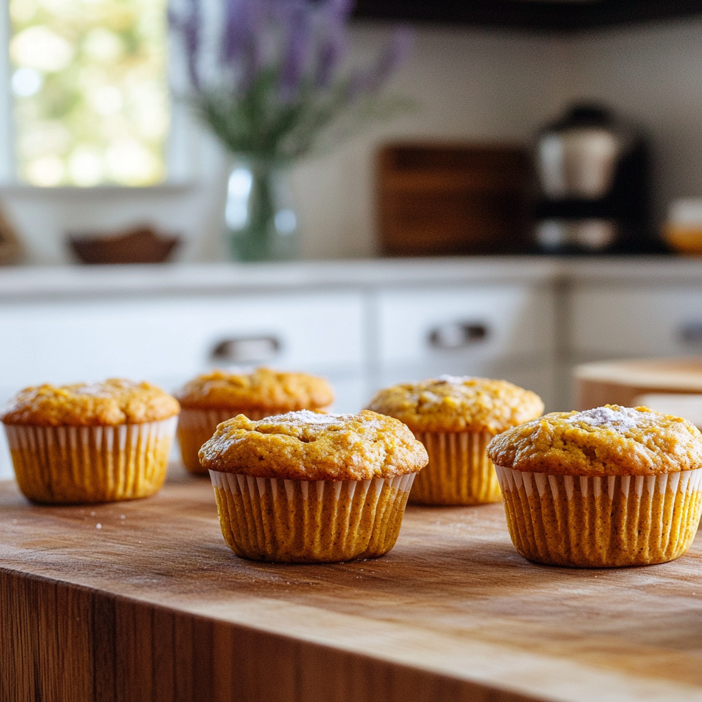 Golden pumpkin protein muffins cooling on a wooden countertop in a bright, modern kitchen, accented with hints of navy blue and lavender, showcasing their moist and fluffy texture.