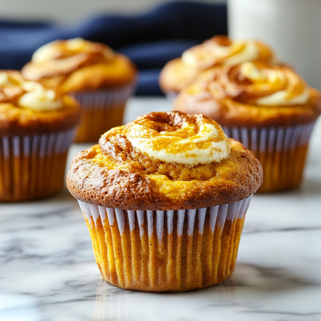 Starbucks-style pumpkin muffins with a creamy swirl, displayed on a marble countertop in a modern kitchen with navy blue and lavender accents.