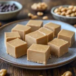 Delicious 3-ingredient peanut butter fudge cut into squares on a rustic wooden table, showcasing its creamy texture and glossy finish with peanut butter drizzle.