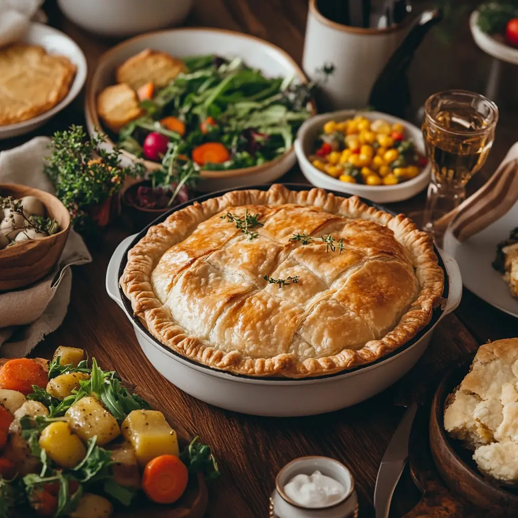 A comforting homemade chicken pot pie with a golden, flaky crust served in a white dish.