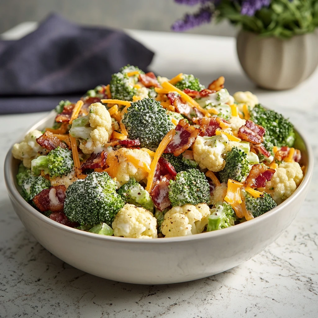 Broccoli cauliflower salad with bacon, cheddar cheese, and creamy dressing, served in a white bowl on a marble countertop with subtle indigo and lavender accents in a modern kitchen.