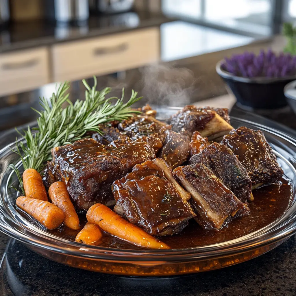 Slow-cooked beef country ribs with a rich beef broth sauce, garnished with carrots and rosemary, served on a plate in a modern kitchen with blue and lavender accents.