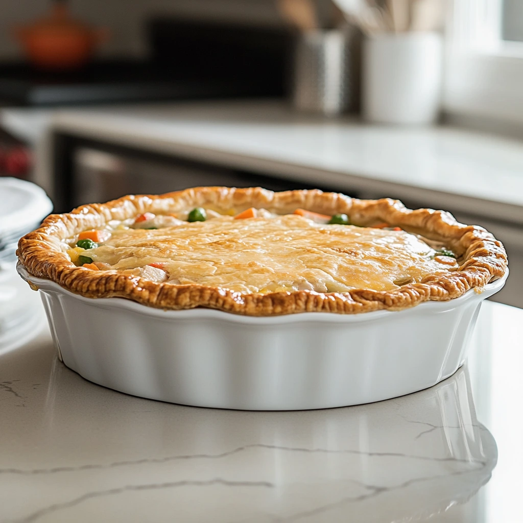 Cheddar chicken pot pie with a golden crust and creamy filling, served in a modern kitchen with subtle brand color accents.