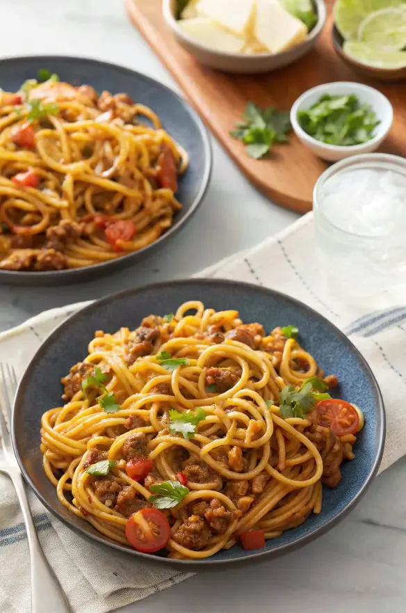 Two bowls of cheesy taco spaghetti served with a refreshing drink, garnished with chopped cilantro, and accompanied by two dipping sauces in the background.