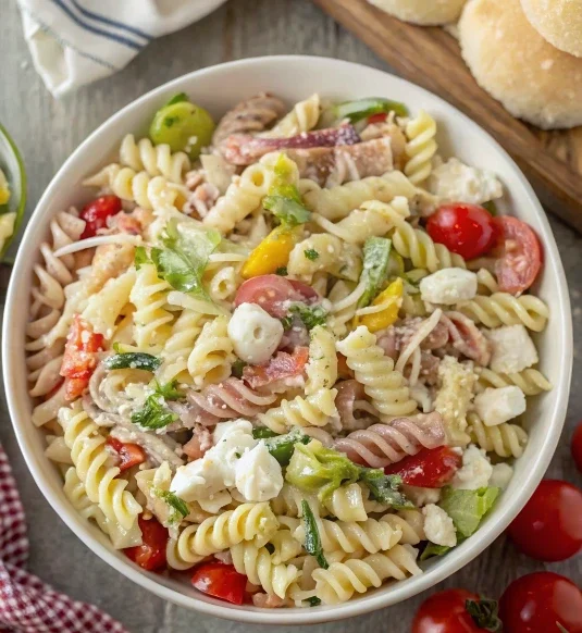 Grinder pasta salad served in a large white bowl, filled with colorful vegetables, sliced meats, and fresh mozzarella balls.
