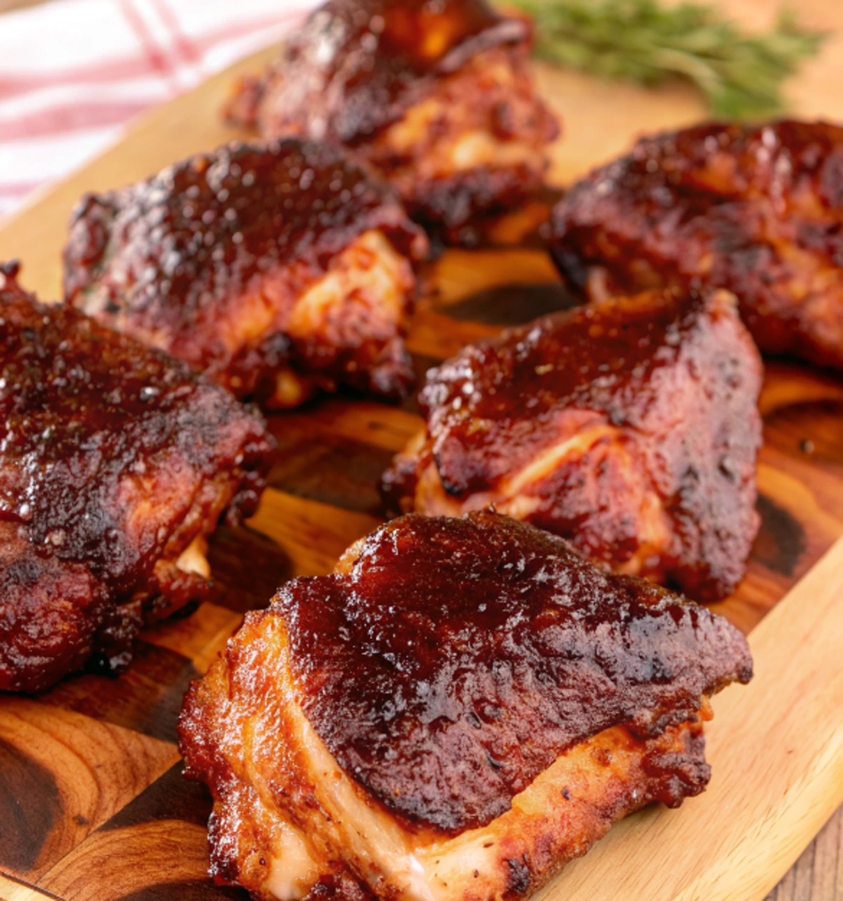 Six juicy smoked chicken thighs resting on a wooden cutting board with a text overlay that reads 'Smoked Chicken Thighs'