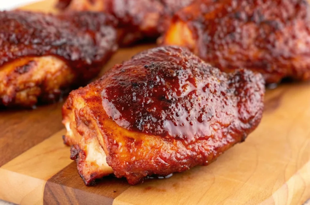 Saucy smoked chicken thighs arranged on a rustic wooden cutting board, fresh off the smoker and ready to serve.