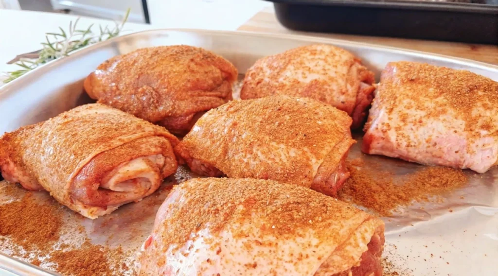 Chicken thighs seasoned with BBQ rub, arranged neatly on a large baking pan, ready for the smoker.